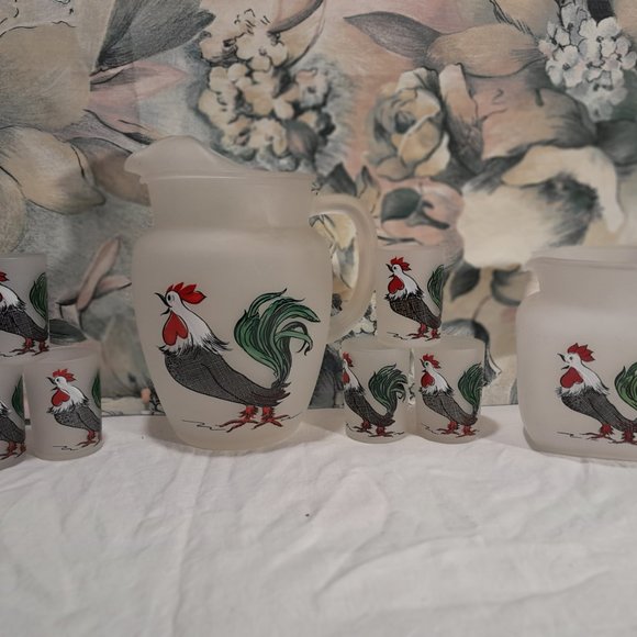 Vintage Hazel Atlas Frosted Glass Rooster Pitcher Set 🐓🍹 - Picture 2 of 11
